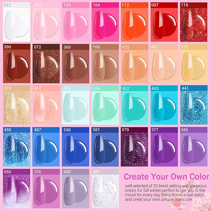 AZUREBEAUTY 42 Pcs Dip Nails Powder Starter Kit, 32 Hot Pink Blue Purple Color Changing Spring Dipping Powder Liquid Set with Base Coat/Top Coat/Activator for French Manicure Salon DIY.