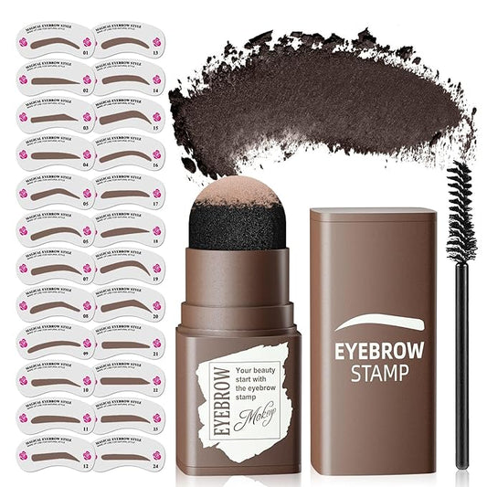 Eyebrow Stamp Stencil Kit - Long-Lasting Eyebrow Powder with Blush, Waterproof & Smudge-Proof Brow Shaping Kit with 24 Reusable Thin & Thick Eyebrow Stencils for Voluminous Brow (Black Brown)