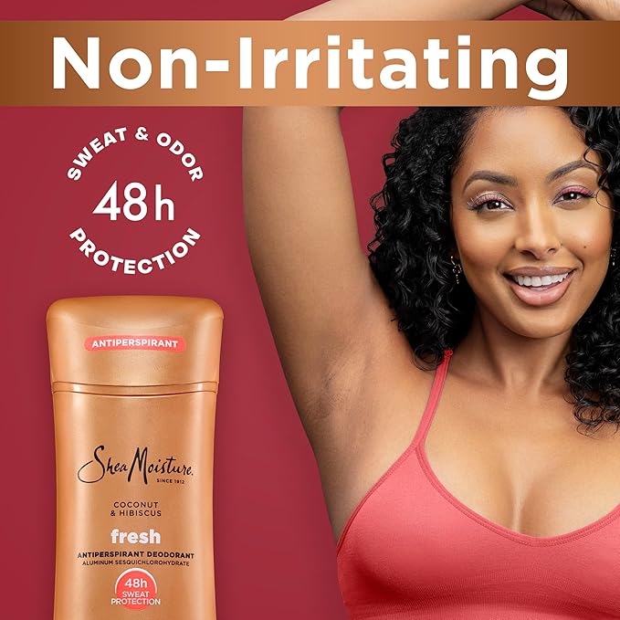 SheaMoisture Antiperspirant Deodorant Stick Fresh Coconut & Hibiscus 2 Count for 48HR Sweat & Odor Protection with No Parabens & No Mineral Oil 2.6 oz