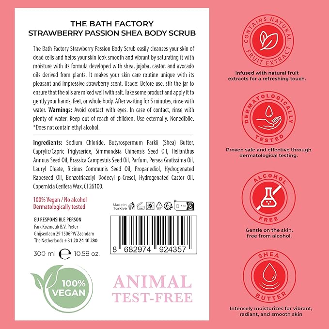 Body Scrub for Exfoliating with Moisturizing Shea Butter | 100% Vegan | Natural Strawberry Extract | Perfect Exfoliator for All Body Parts such as Face, Foot, Hand