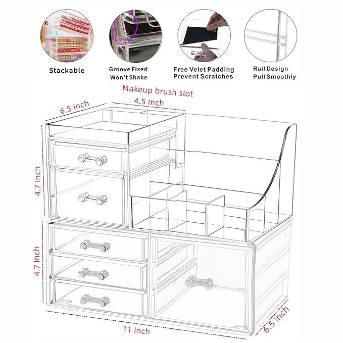 Cq acrylic 2 Pack Clear Makeup Storage Organizer,Stackable 6 Drawers Make Up Organizers,Cute Desk Organizer for Vanity Jewelry,Hair Clip,Beauty,Skincare Product Bathroom Counter Organizers and Storage