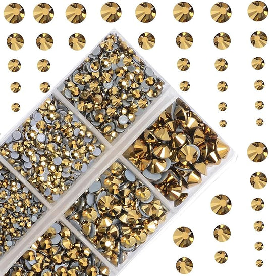 10000Pcs 2-Boxes Mixed Size Hot Fix Round Crystals Gems Glass Stones Hotfix Flat Back Rhinestones with Tweezers and Picking Pencil (Mine Gold)