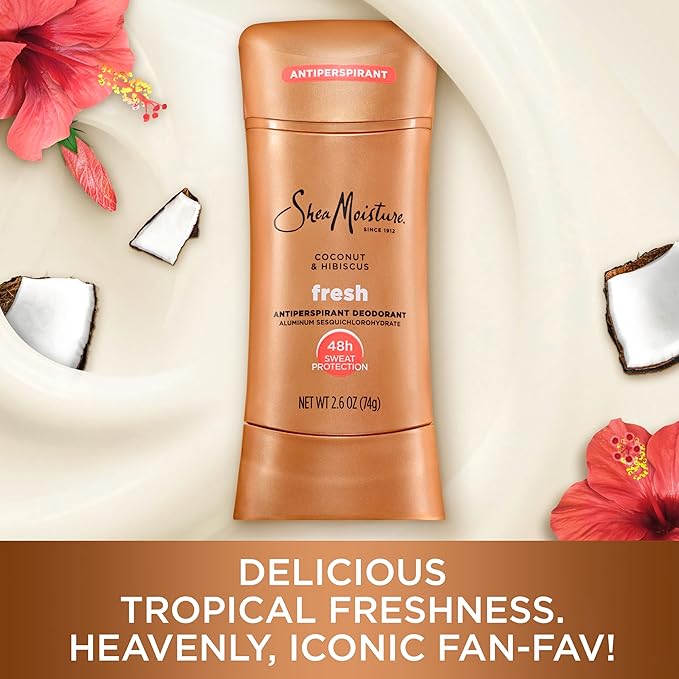SheaMoisture Antiperspirant Deodorant Stick Fresh Coconut & Hibiscus 2 Count for 48HR Sweat & Odor Protection with No Parabens & No Mineral Oil 2.6 oz
