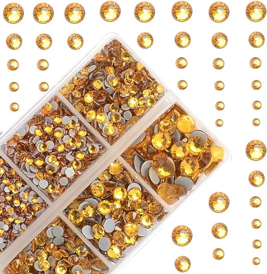 10000Pcs 2-Boxes Mixed Size Hot Fix Round Crystals Gems Glass Stones Hotfix Flat Back Rhinestones with Tweezers and Picking Pencil (Topaz)