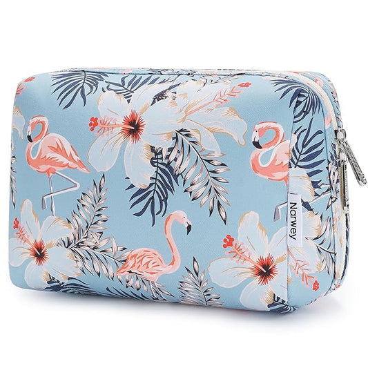 Narwey Cute Makeup Bag Travel Cosmetic Bag Organizer Toiletry Bag Make Up Bags with Compartments for Women Girls (Large, Aqua Flamingo)