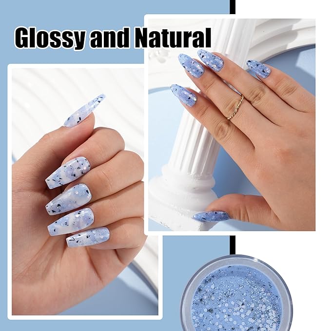 Dip Powder Eggshell Blue Color Nail Dipping Powder French Glitter tinfoil Nail Art Starter Manicure Salon DIY at Home No Needed Lamp Curing Odor-Free&Long-Lasting 1 Oz