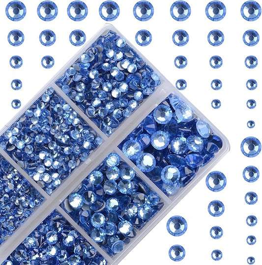 10000Pcs 2-Boxes Mixed Size Hot Fix Round Crystals Gems Glass Stones Hotfix Flat Back Rhinestones with Tweezers and Picking Pencil (Light Blue)