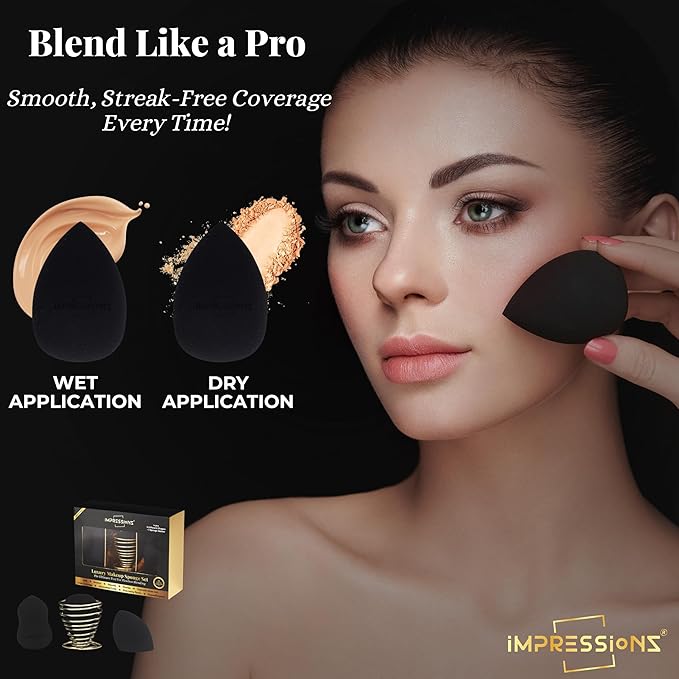 ImpressionZ 3 Pcs Makeup Sponge Set with Holder – Multi-Shape Beauty Makeup Sponges for Foundation, Cream, Liquid & Powder – Latex-Free Makeup Sponge Blender, Vegan & Cruelty-Free Sponge for Soft Skin
