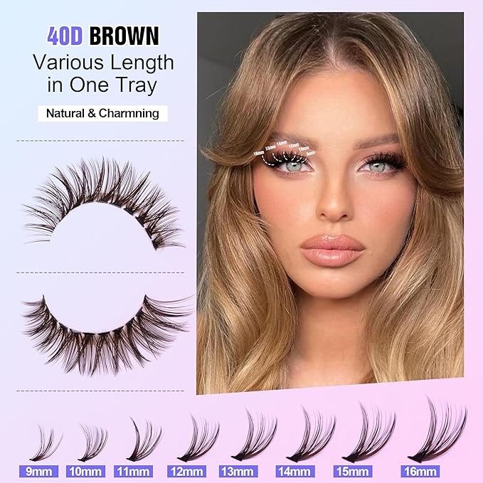 Pawotence Lash Extension Kit DIY 280pcs Brown Lash Clusters Eyelash Extension Kit 40D 9-16mm Individual Lashes Kit with Lash Bond and Seal Lash Tweezers for Self Use (Brown 40D, 9-16mm, Kit)