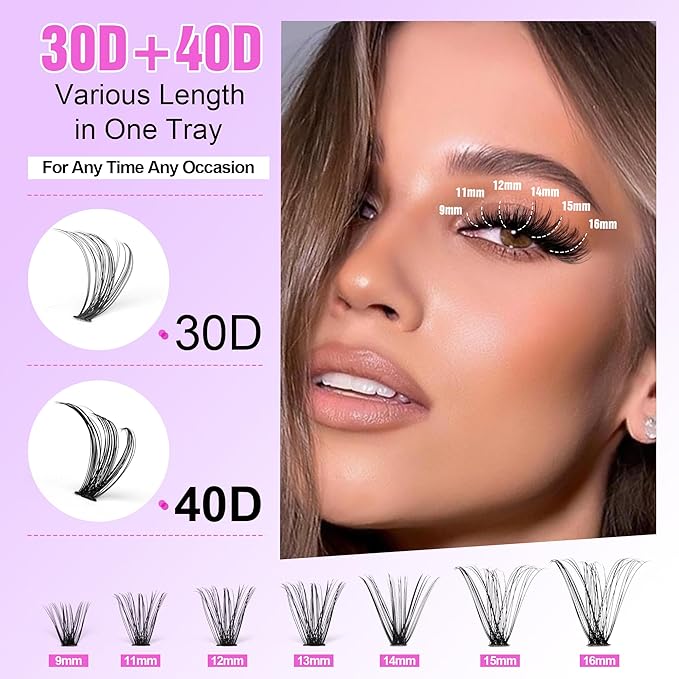 Pawotence Lash Extension Kit DIY 280pcs Individual Lash Clusters Kit 30D 40D Cluster Eyelash Extensions Kit with Lash Bond and Seal, Lash Remover, Lash Tweezers for Self Use (30D&40D, 9-16mm, All Kit)