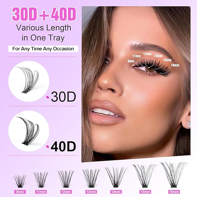 Pawotence Lash Extension Kit DIY 280pcs Lash Clusters Eyelash Extension Kit, 9-16mm 30D 40D Individual Lashes Kit with Lash Bond and Seal, Lash Tweezers for Self Use (30D&40D, 0.07D, 9-16mm, Kit)