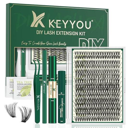DIY Lash Extension Kit KEYYOU 300Pcs Individual Eyelash Extension Kit 50D 0.07D Curl 9-18MIX Lash Clusters Kit with Lash Glue Remover Applicator Easy to Use for Beginners(Kit-50D-0.07D,9-18MIX)