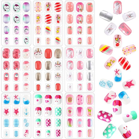 108Pcs Fake Press on Nails for Kids,Acrylic Full Cover False Press on Nails Girls Stick on Nails for Kids Children Birthday Party Favors Gift Nail Art Decoration（9 Pack Cute Style）