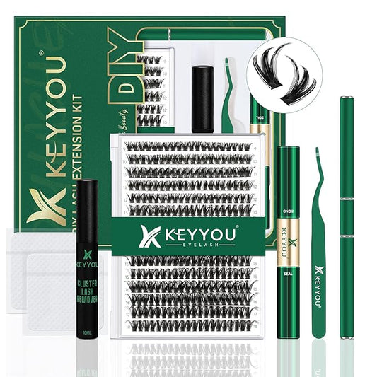 DIY Lash Extension Kit KEYYOU 300Pcs Individual Eyelash Extension Kit 50D 0.07C Curl 9-18MIX Lash Clusters Kit with Lash Glue Remover Applicator Easy to Use for Beginners(Kit-50D-0.07C,9-18MIX)