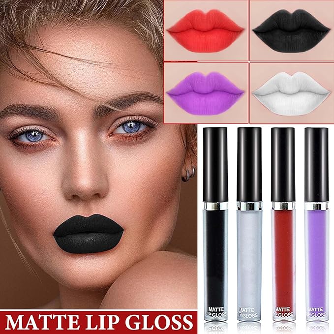 4 Pcs Black White Red Purple Matte Liquid Lipstick Sets,Highly Pigmented Nude Lipstick Lip Stain,Matte Lipstick for Women Lip Gloss Gift Set,Waterproof Long Lasting Smudge Proof Matte Finish