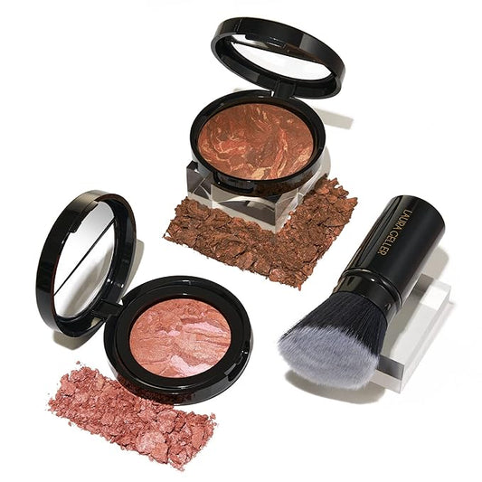 LAURA GELLER NEW YORK Blush-n-Glow Kit (3 Piece) Baked Balance-N-Glow Illuminating CC Powder Foundation Toffee, Retractable Kabuki Brush, Baked Blush-N-Brighten Pink Grapefruit