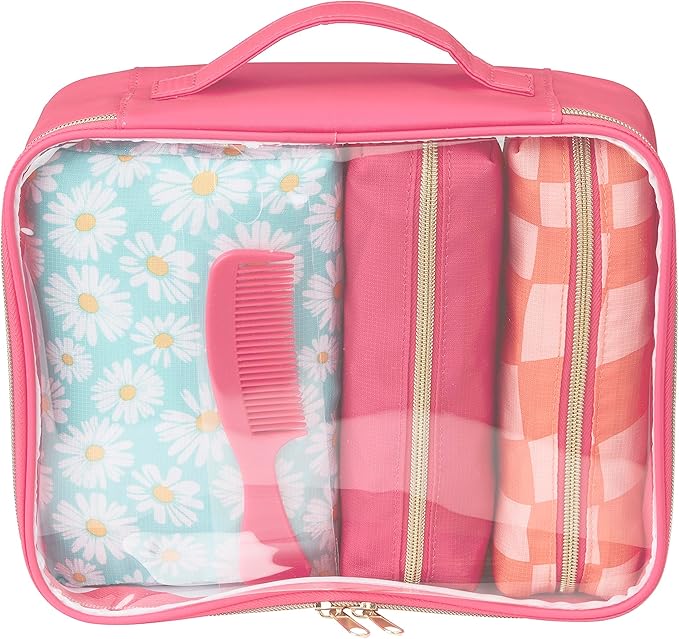 Conair 5 Piece Toiletry and Cosmetic Bag Set Under $30, Includes 4 Makeup Bags and 1 Travel Comb in Pink and Daisy Prints
