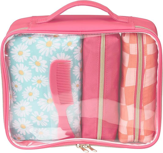 Conair 5 Piece Toiletry and Cosmetic Bag Set Under $30, Includes 4 Makeup Bags and 1 Travel Comb in Pink and Daisy Prints