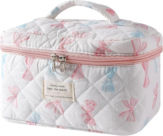 uekeboag Large Travel Quilted Makeup Bag for Women, Floral Cotton Cosmetic Bag, Coquette Aesthetic Floral Toiletry Organizer Bag