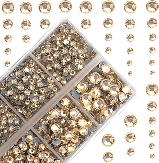10000Pcs 2-Boxes Mixed Size Hot Fix Round Crystals Gems Glass Stones Hotfix Flat Back Rhinestones with Tweezers and Picking Pencil (Light Champagne)