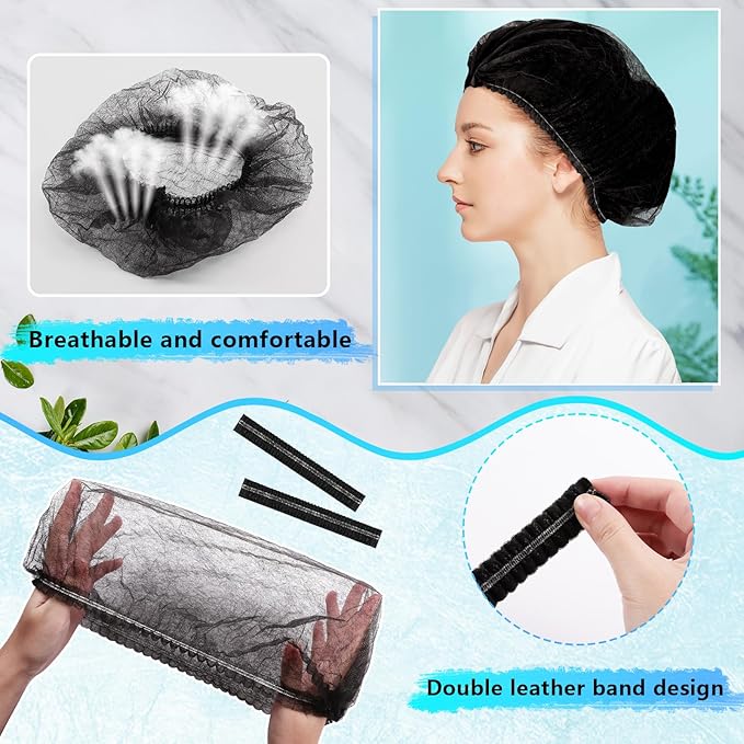 100 Pieces Non-Woven Hair Nets,Disposable Bouffant Caps,20 Inch Elastic Head Cover,Black Disposable Hair Nets,Hair Net for Food Service,Beauty Salon Cosmetics Spa Men & Women(Black)