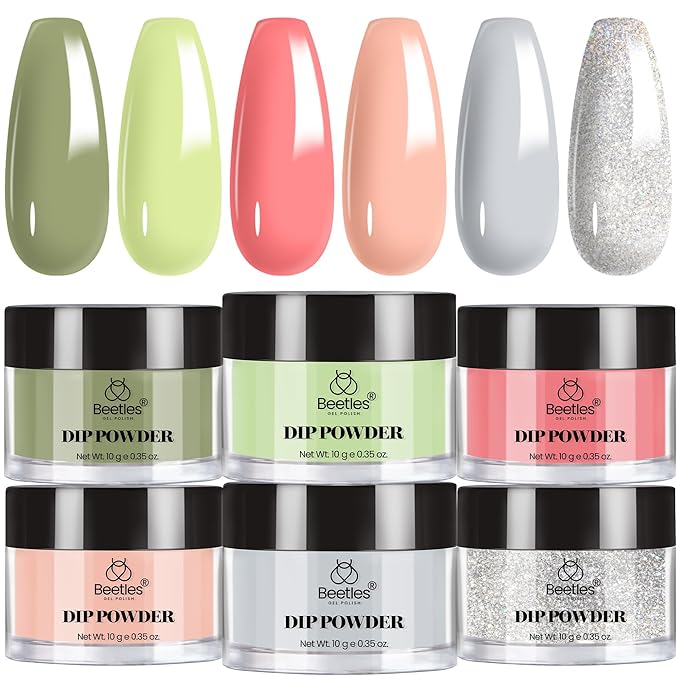 Beetles Dip Powder Nail Set, 6 Colors Green Glitter Nude Gray Long-Lasting Spring Dipping Powder for French Nails Art Manicure DIY Salon Women Gift No Need Nail Lamp Cured