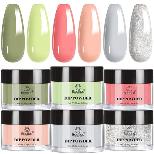 Beetles Dip Powder Nail Set, 6 Colors Green Glitter Nude Gray Long-Lasting Spring Dipping Powder for French Nails Art Manicure DIY Salon Women Gift No Need Nail Lamp Cured