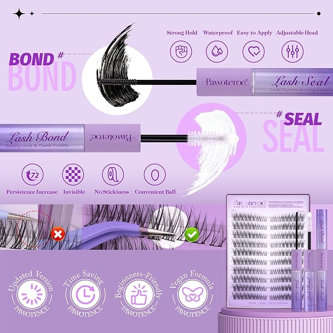 Pawotence Wispy Lash Clusters Kit Cat Eye Lash Extension Kit 180pcs Natural Individual Lashes Left Right Cluster Eyelash Extensions Kit with Lash Bond and Seal, Lash Tweezers for Self Application