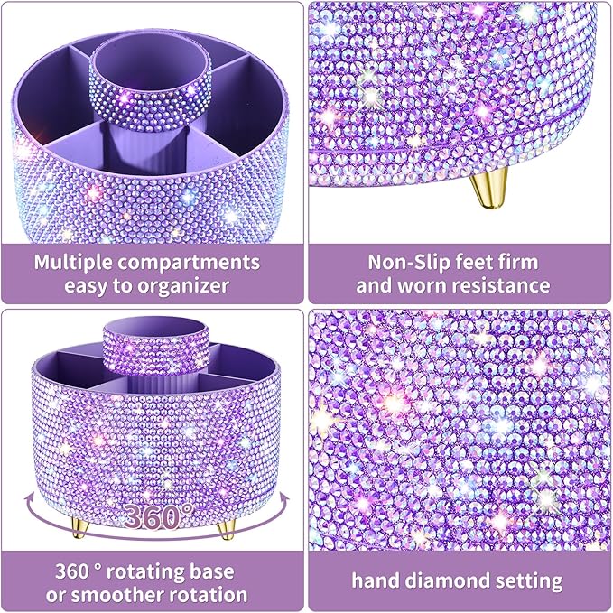 Bling 360° Rotate Makeup Brush Holder Organizer, Makeup Organizers Countertop, Makeup organization and Skincare Storage for Vanity, Gift for Women Girls (Bling dz-Purple)