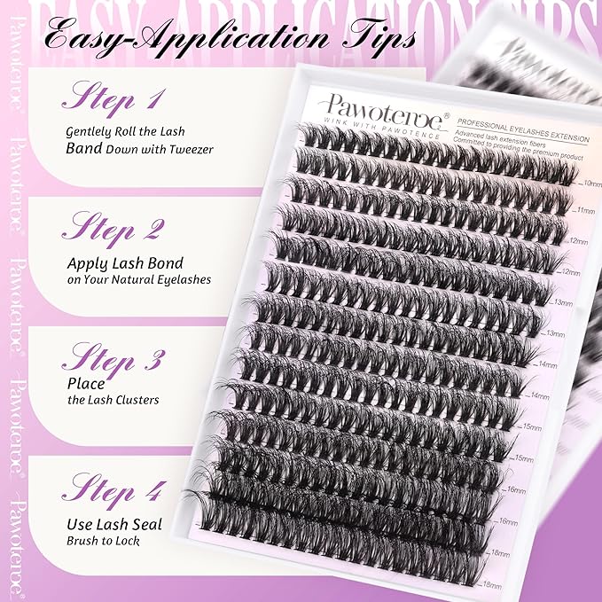 Pawotence Lash Extension Kit DIY Individual Lash Clusters Kit Full 50D with Lash Bond and Seal and Lash Applicator, 9-16mm Clusters Eyelash Extension Kit at Home (Full 50D, 9-16mm, Kit)