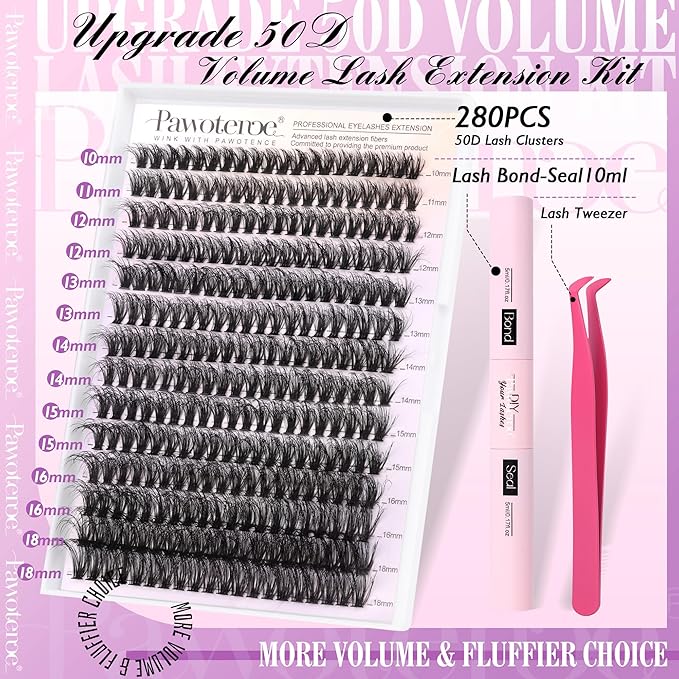 Pawotence Lash Extension Kit DIY Individual Lash Clusters Kit Full 50D with Lash Bond and Seal and Lash Applicator, 9-16mm Clusters Eyelash Extension Kit at Home (Full 50D, 9-16mm, Kit)