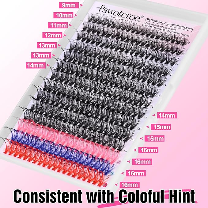 Pawotence Lash Extension Kit DIY Individual Lash Clusters Eyelash Extension Kit 9-16mm Lash Clusters Colored with Lash Bond and Seal, Lash Tweezers for Self Application (40D, 9-16mm, Color Kit)