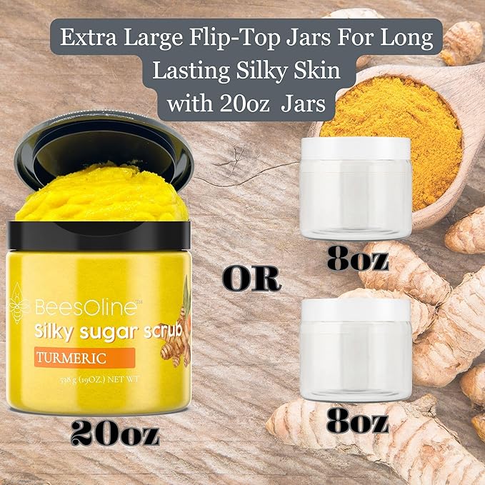 Silky Sugar Scrub by BeesOline - Premium Fine Cane Sugar | Turmeric - Extra Large 20oz, Convienent Flip-Top Lid, Organic Sunflower Oil & COCONUT OIL for Smooth Gentle Exfoliation