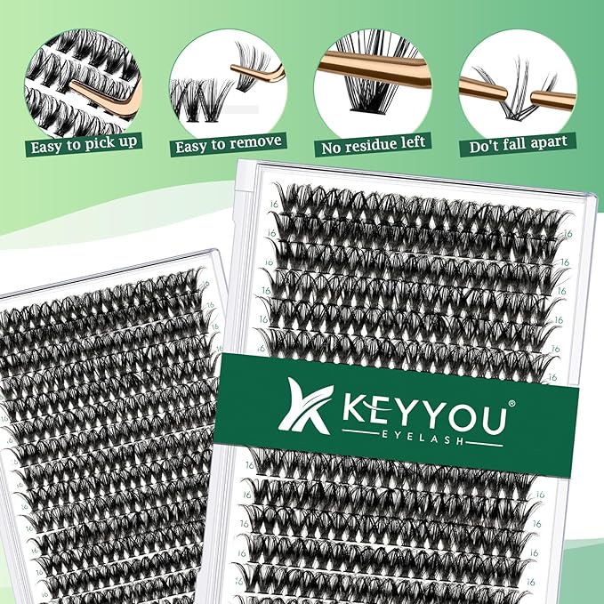 Lash Clusters 300pcs Individual Lashes 50D 0.07D Curl 17mm DIY Eyelash Extension KEYYOU Large Tray Volume Soft&Natural Eyelash Clusters(50D-0.07D,17）