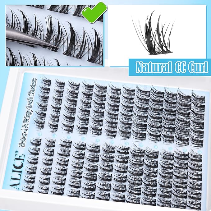ALICE Natural Lash Clusters Kit Cluster Eyelash Extension Kit Left & Right Fluffy Wispy DIY Lash Extension Kit 144pcs 3D Anime C-Curly Eyelash Clusters Kit with Lash Glue Bond and Seal and Tweezers