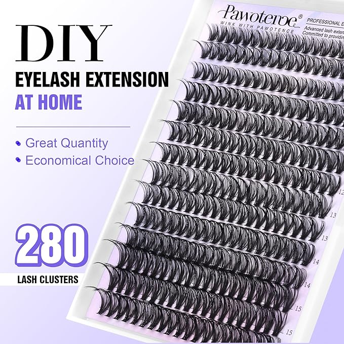 Pawotence Lash Clusters 40D 280pcs Cluster Eyelash Extensions 9-16mm Mix Eyelash Clusters Lash Extension Individual Lashes for Self Application (40D, 0.07D, 9-16mm)