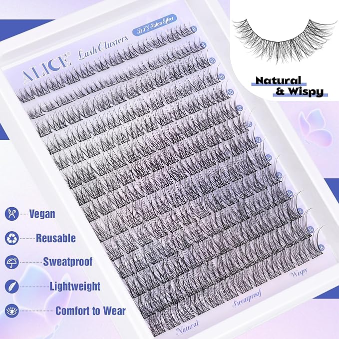 Natural Lash Clusters Wispy Cluster Eyelash Extensions 168pcs Individual Lashes 8-16mm C-Curly DIY Lash Extension Natural Look Soft Thin Band Cluster Lashes by ALICE