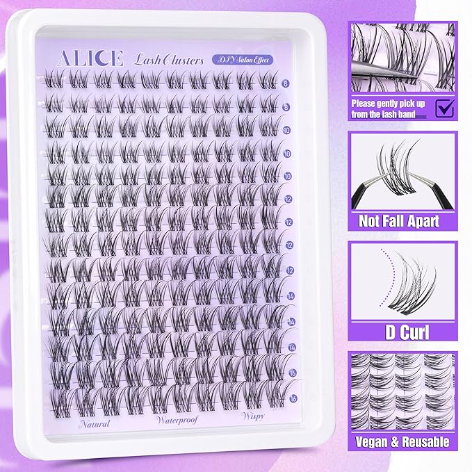 ALICE Natural Lash Clusters Lash Extensions Invisible Band Waterproof 8-16mm Cluster Eyelash Extensions Wispy Eyelash Clusters Individual Lashes Cluster Lashes