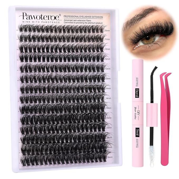 Pawotence Lash Extension Kit DIY Individual Lash Clusters Kit Full 50D with Lash Bond and Seal and Lash Applicator, 9-16mm Clusters Eyelash Extension Kit at Home (Full 50D, 9-16mm, Kit)