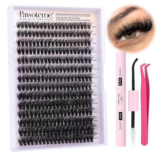Pawotence Lash Extension Kit DIY Individual Lash Clusters Kit Full 50D with Lash Bond and Seal and Lash Applicator, 9-16mm Clusters Eyelash Extension Kit at Home (Full 50D, 9-16mm, Kit)