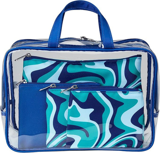 Conair 5 Piece Toiletry and Cosmetic Bag Set Under $30, Includes 1 Large Weekender Bag and 4 Organizer Bags in Blue Swirl Prints