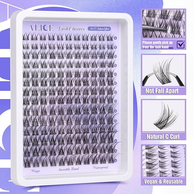 Natural Lash Clusters Wispy Cluster Eyelash Extensions Invisible Band Individual Lashes C-Curly DIY Lash Extension 8-16mm Waterproof Soft Cluster Lashes 168pcs by ALICE
