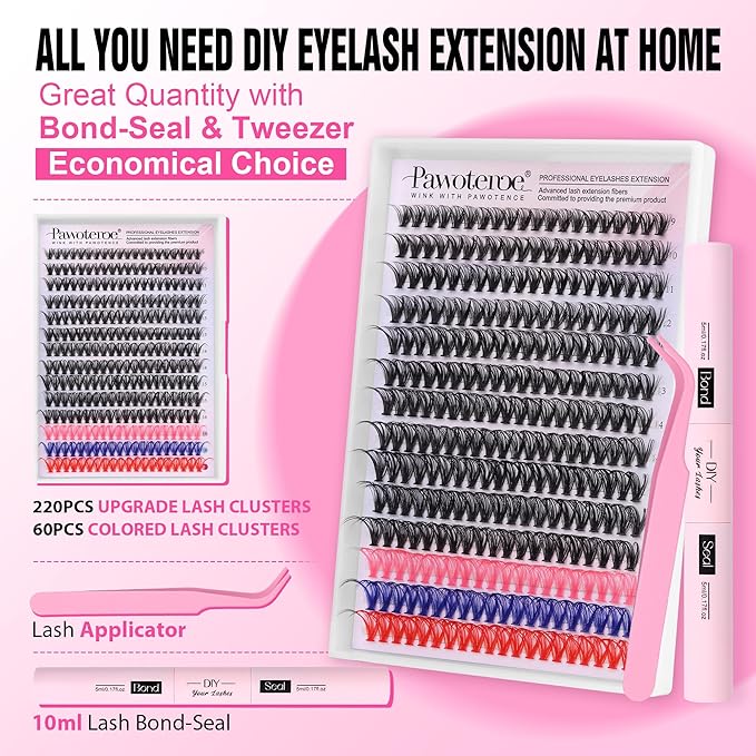 Pawotence Lash Extension Kit DIY Individual Lash Clusters Eyelash Extension Kit 9-16mm Lash Clusters Colored with Lash Bond and Seal, Lash Tweezers for Self Application (40D, 9-16mm, Color Kit)