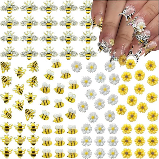 100PCS Nail Charms and Gems Gold Bee Yellow Flower for Nails Design，3D Daisy Y2k Nail Jewels Bulk Nail Art Decor Set
