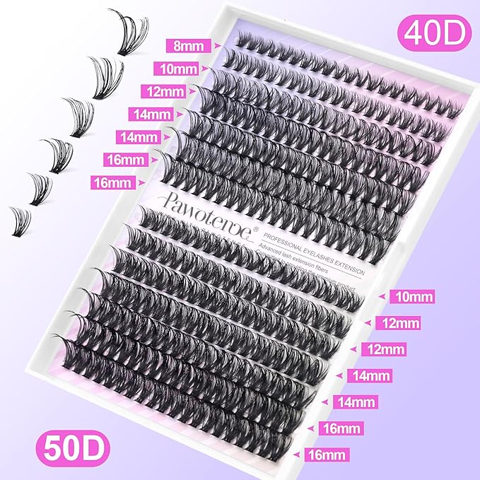 Pawotence Lash Extension Kit Individual Lash Clusters Kit 40D 50D Eyelash Extension Kit 8-16mm Eyelash Clusters with Lash Bond and Seal, Lash Tweezers for Beginners (40D&50D, 0.07D, 8-16mm, Kit)