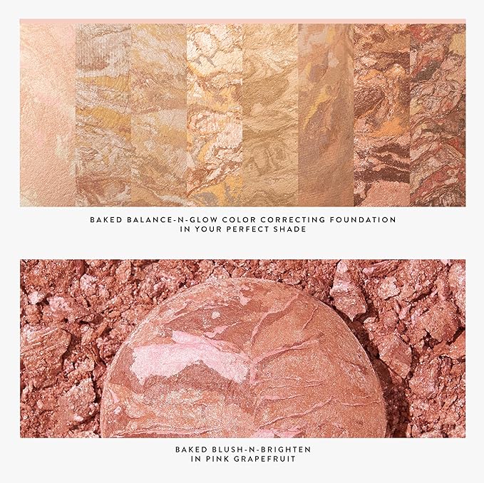 LAURA GELLER NEW YORK Blush-n-Glow Kit (3 Piece) Baked Balance-N-Glow Illuminating CC Powder Foundation Toffee, Retractable Kabuki Brush, Baked Blush-N-Brighten Pink Grapefruit