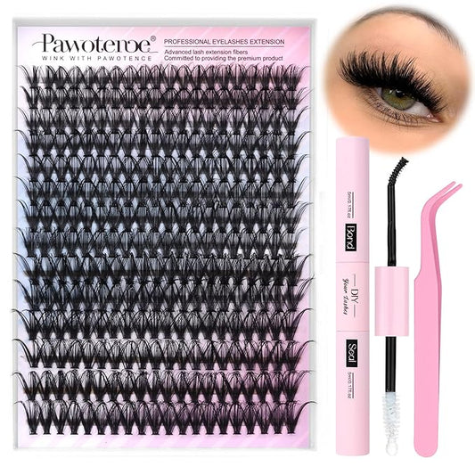 Pawotence Lash Extension Kit DIY 40D 12-18mm Individual Lashes Clusters Kit 280pcs Cluster Eyelash Extensions Kit with Lash Bond and Seal, Tweezers for Self Application (Long 40D, 12-18mm, Kit)