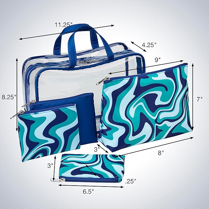 Conair 5 Piece Toiletry and Cosmetic Bag Set Under $30, Includes 1 Large Weekender Bag and 4 Organizer Bags in Blue Swirl Prints